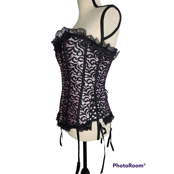 Dreamgirl Corset Strapless Pink Satin Lace Overlay Front Closure Size 34 - Picture 2 of 9